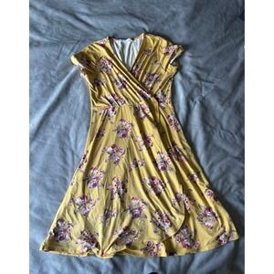 Chris & Carol Mustard Yellow Floral Faux Wrap Dress V-Neck Short Sleeve Womens